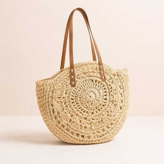 Hibisco | Bolso Redondo de Paja Trenzada con Motivo - Beige Natural