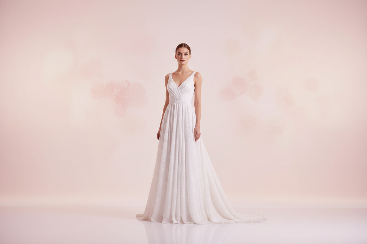 generame una foto minimalista con tonos suaves una modelo guapisima aunque no sea el punto de referencia, este tiene que ser su vestido un vestido blanco hermoso un fondo claro y si puede ser algun tono rosa