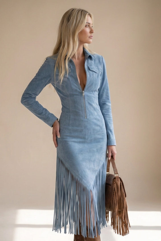 Vestido Sedona de flecos efecto ante en color azul, vista frontal