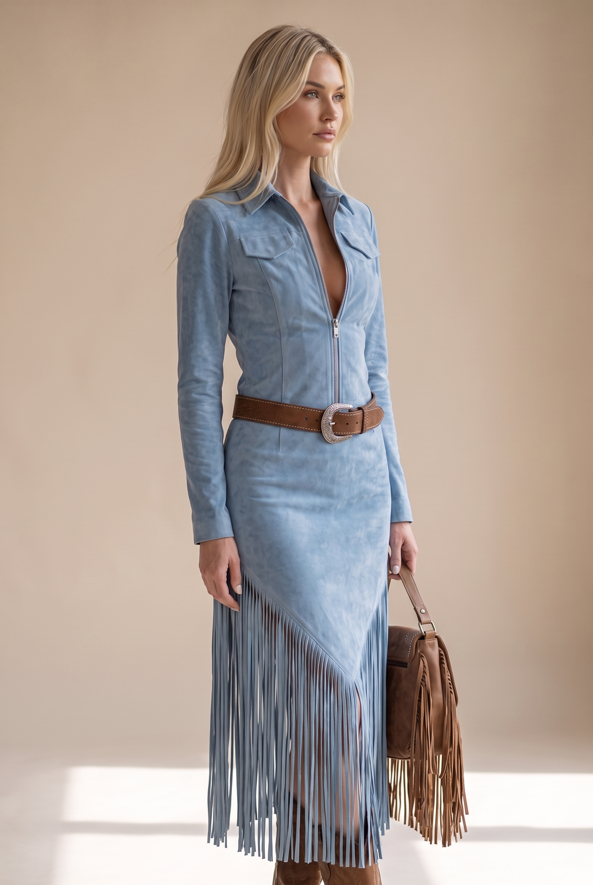 Vestido Sedona de flecos efecto ante en color azul, vista de tres cuartos
