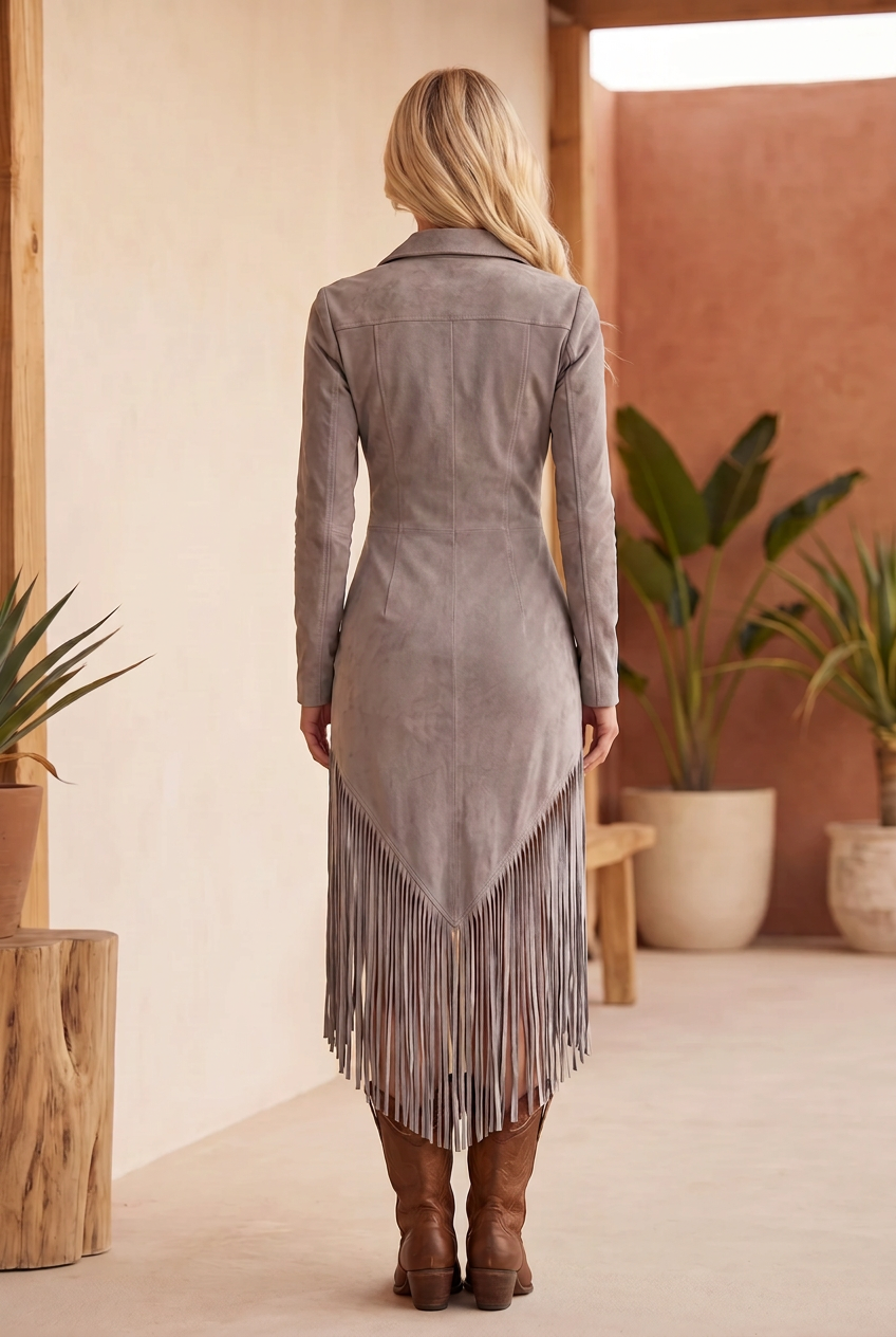 Vestido Sedona de flecos efecto ante en color gris, vista trasera